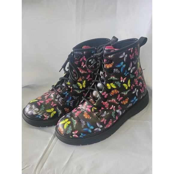 Skechers Boots Girls 3 Black Gravlen Combat Rainbow Kids Grunge Butterfly Boots - Picture 2 of 9